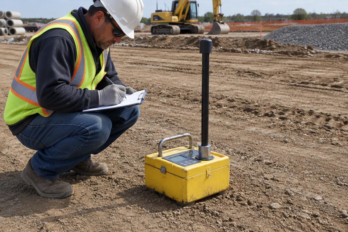 Field technician recording soil compaction readings beside a nuclear density gauge
